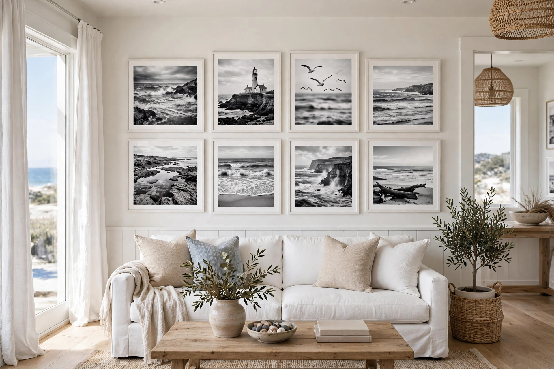 Coastal living room design ideas with black-and-white seaside photography on the walls