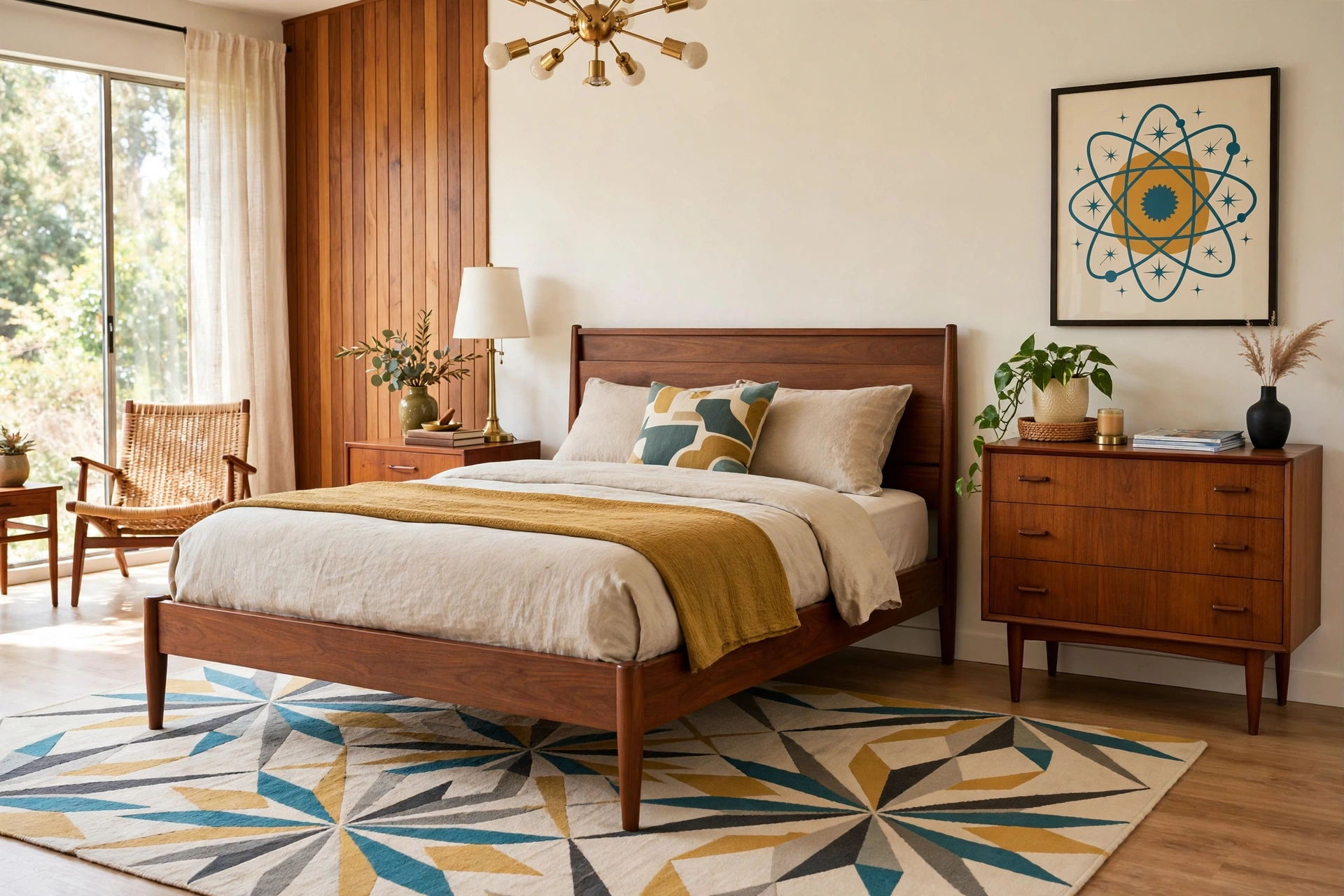 Geometric starburst-patterned rug and atomic-print art in a mid-century modern bedroom