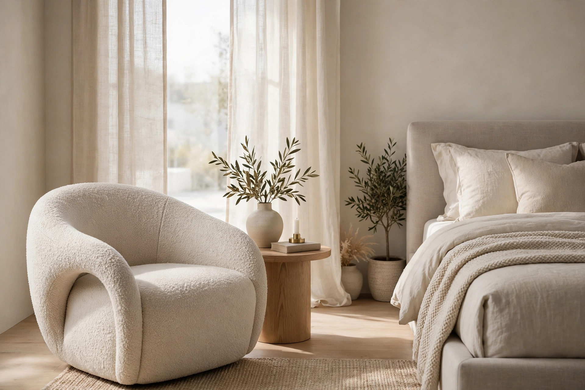 Sculptural curved accent chair in textured bouclé in the corner of a contemporary bedroom