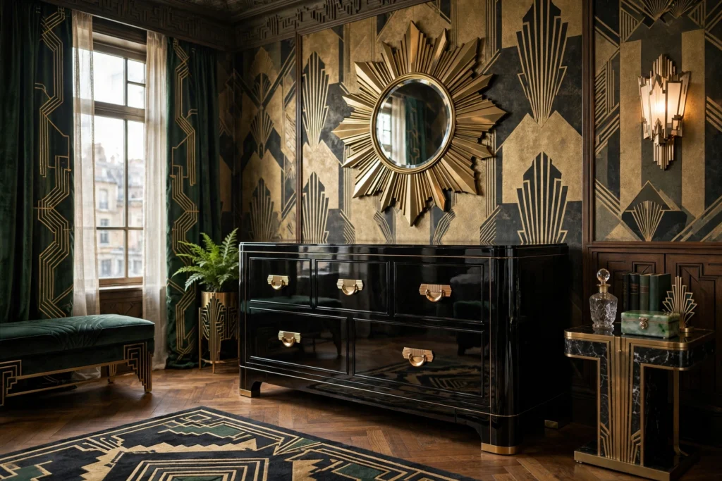 Art deco bedroom design ideas with a high-gloss black lacquered dresser and brass pulls