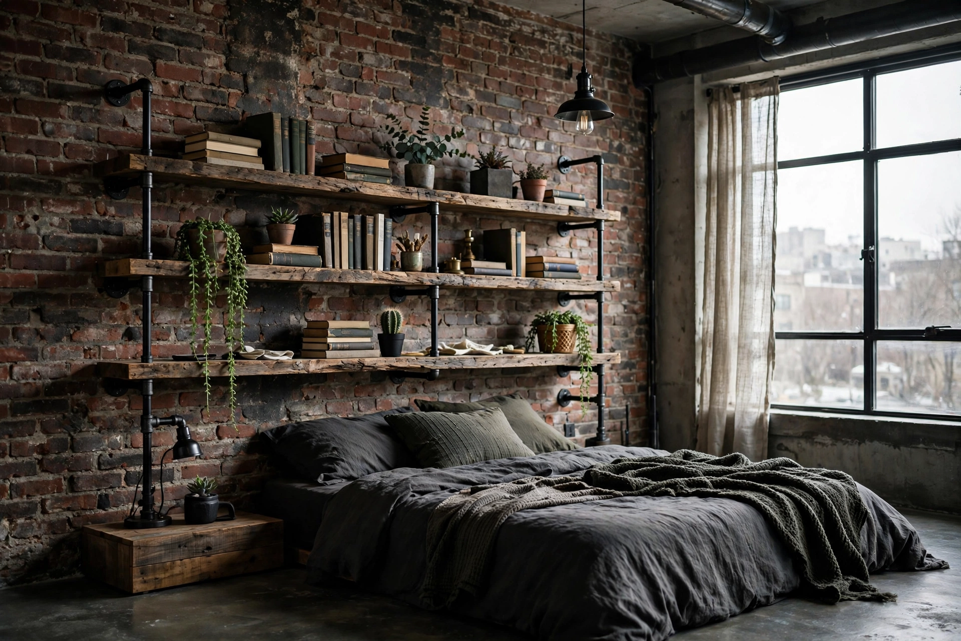 Black iron pipe shelving with reclaimed wood boards styled with books and plants