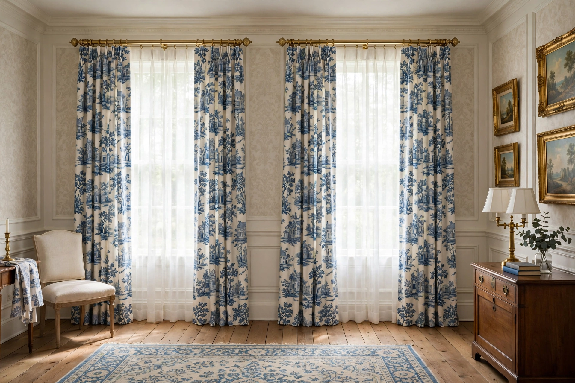 Traditional bedroom design ideas with full-length toile curtains and brass curtain rods