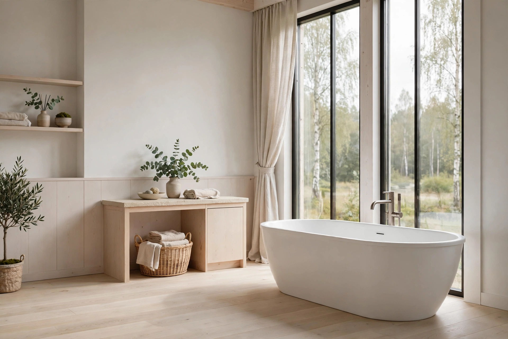 Scandinavian bathroom design ideas with a freestanding oval soaking tub by the window