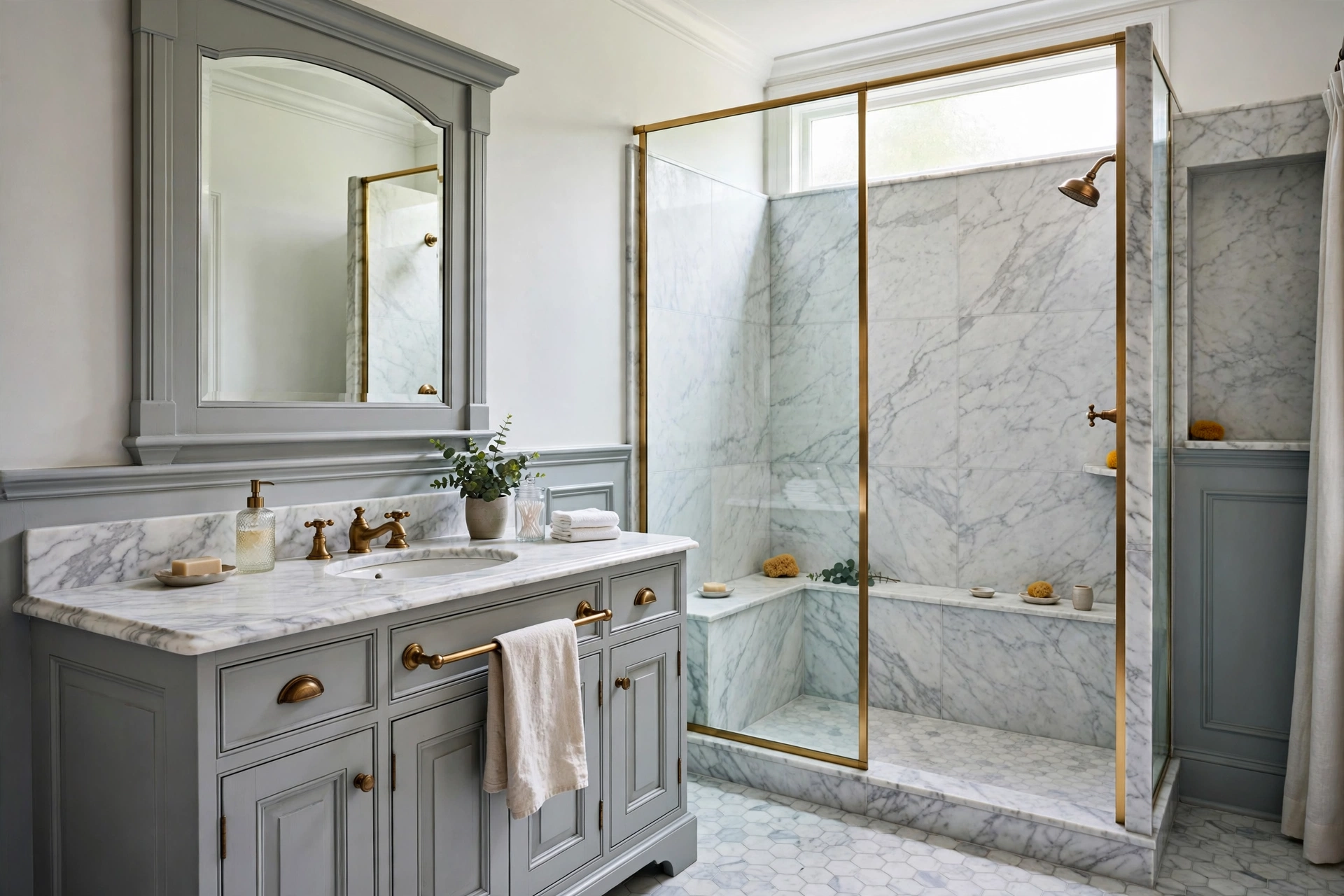 Traditional bathroom with Carrara marble vanity top and marble shower surround