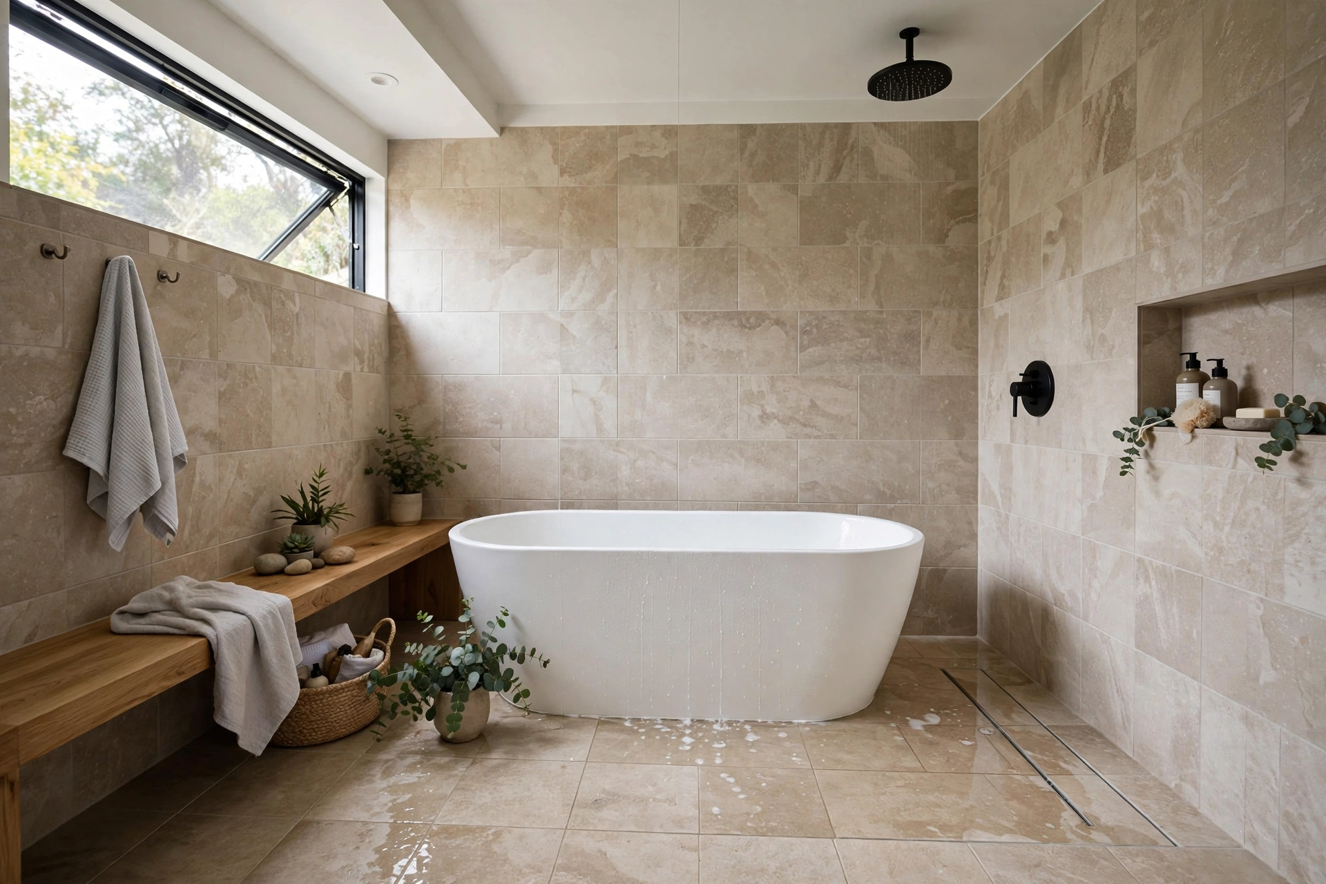 Wet room bathroom with freestanding tub inside the open walk-in shower zone