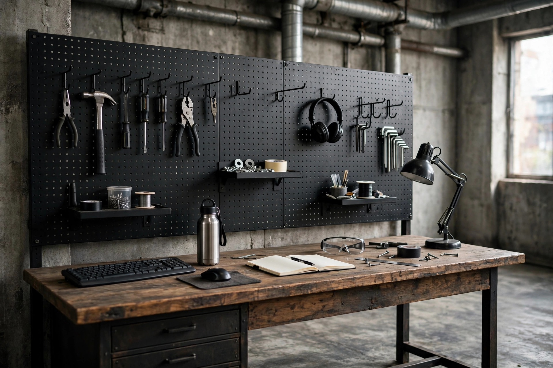 Black metal pegboard wall with hooks and shelves above an industrial desk