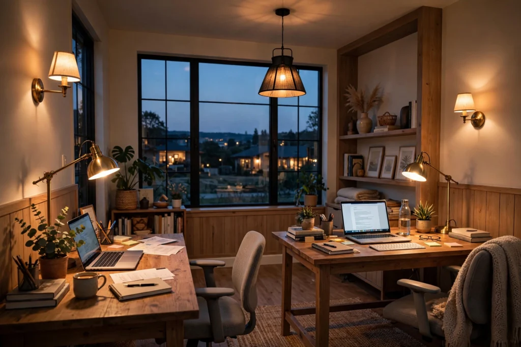 Two desks each with its own adjustable task lamp in a warmly lit shared office