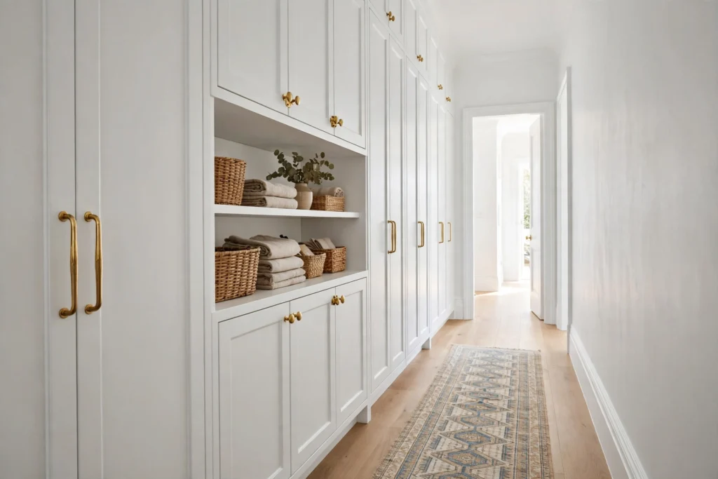 Floor-to-ceiling white built-in hallway cabinets with brass hardware