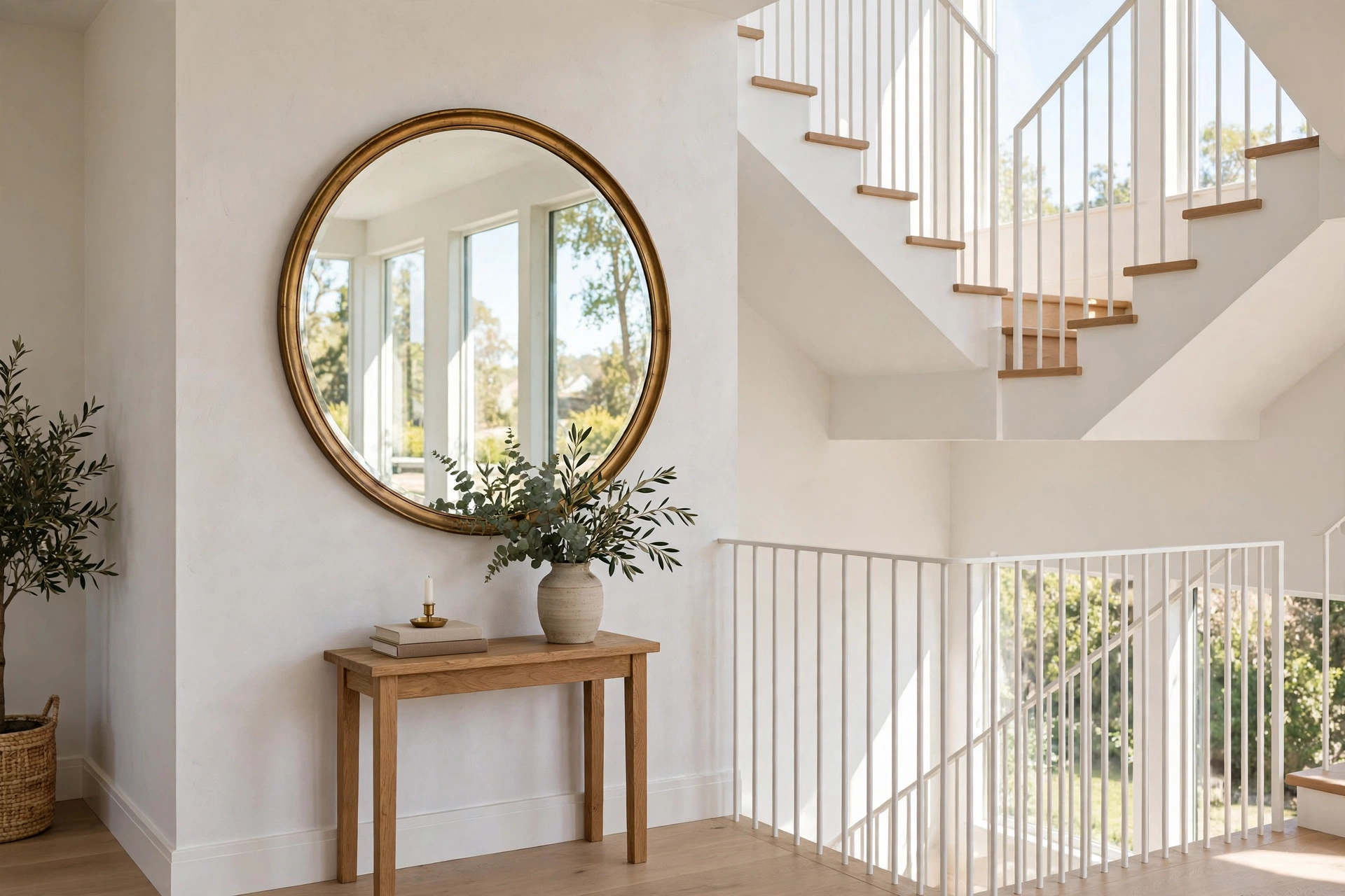 Large round brass-framed mirror hanging on a stairwell landing wall reflecting natural window light