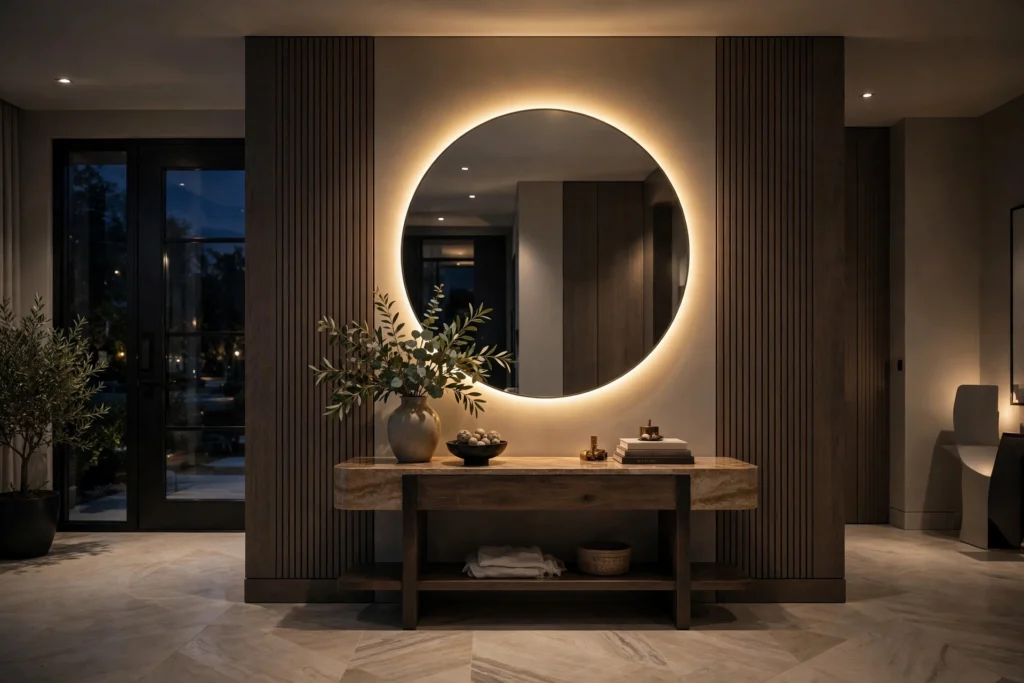 Entryway lighting ideas with a backlit mirror doubling the warm glow in a foyer