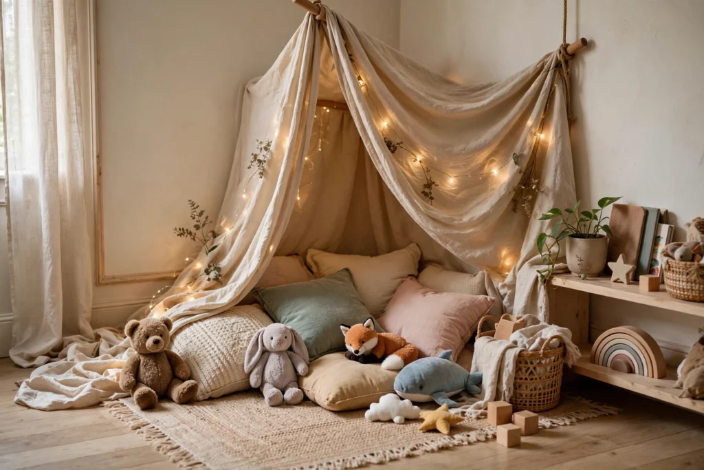 Playroom design ideas with a fabric canopy tent and cushions in a cozy corner