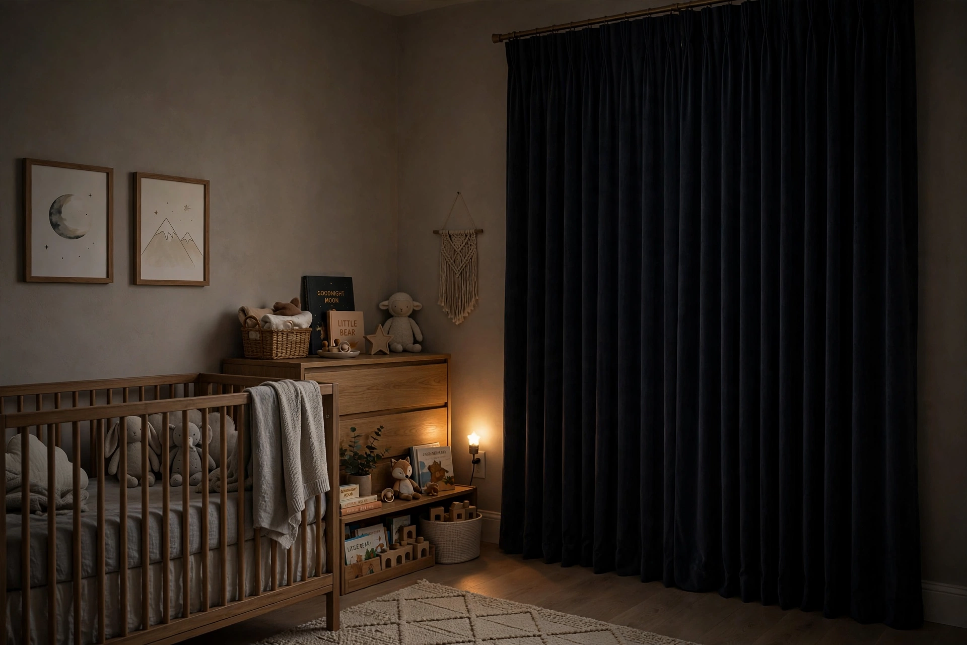 Toddler bedroom design ideas with blackout curtains drawn for a dark cozy nap time