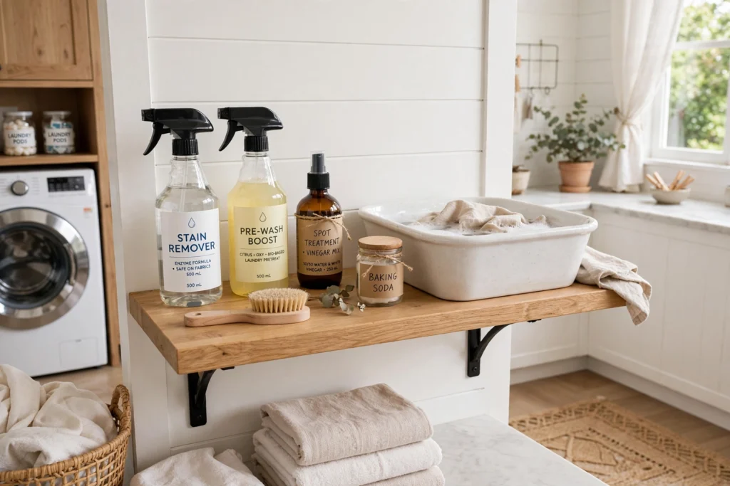 Laundry room stain treatment station with spray bottles, brush and soaking basin on a shelf