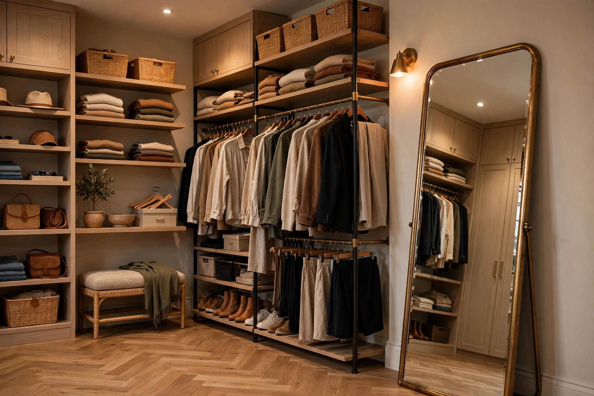 Walk-in closet with a full-length leaning mirror in a brass frame beside clothing racks