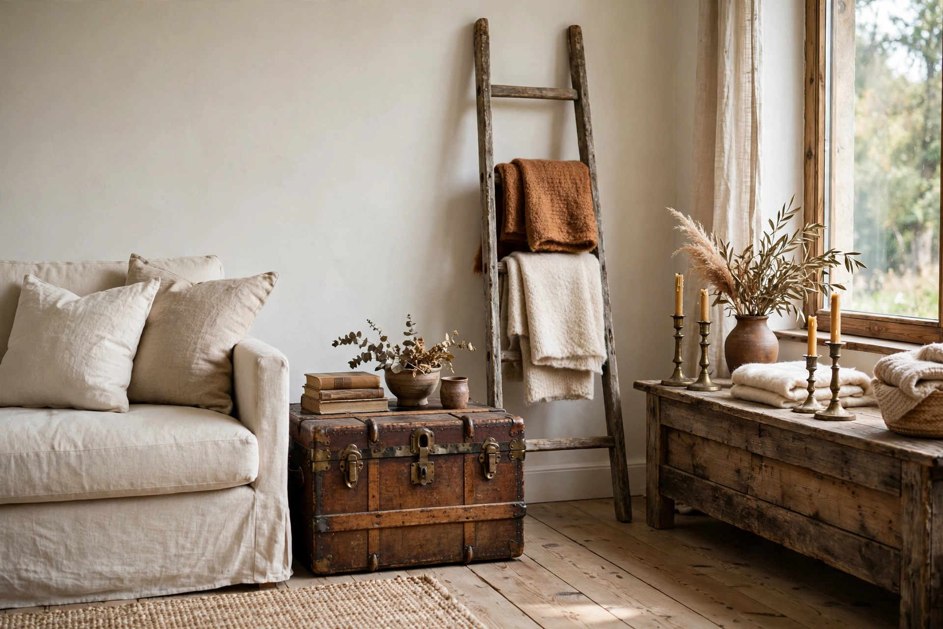 Antique trunk side table and vintage ladder with throws in rustic living room