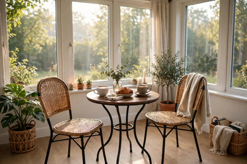 Sunroom with a small round bistro table and two chairs set for morning coffee