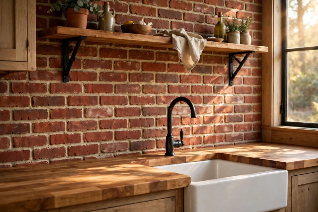 Kitchen backsplash ideas with sealed exposed brick and butcher block counters in a rustic kitchen.