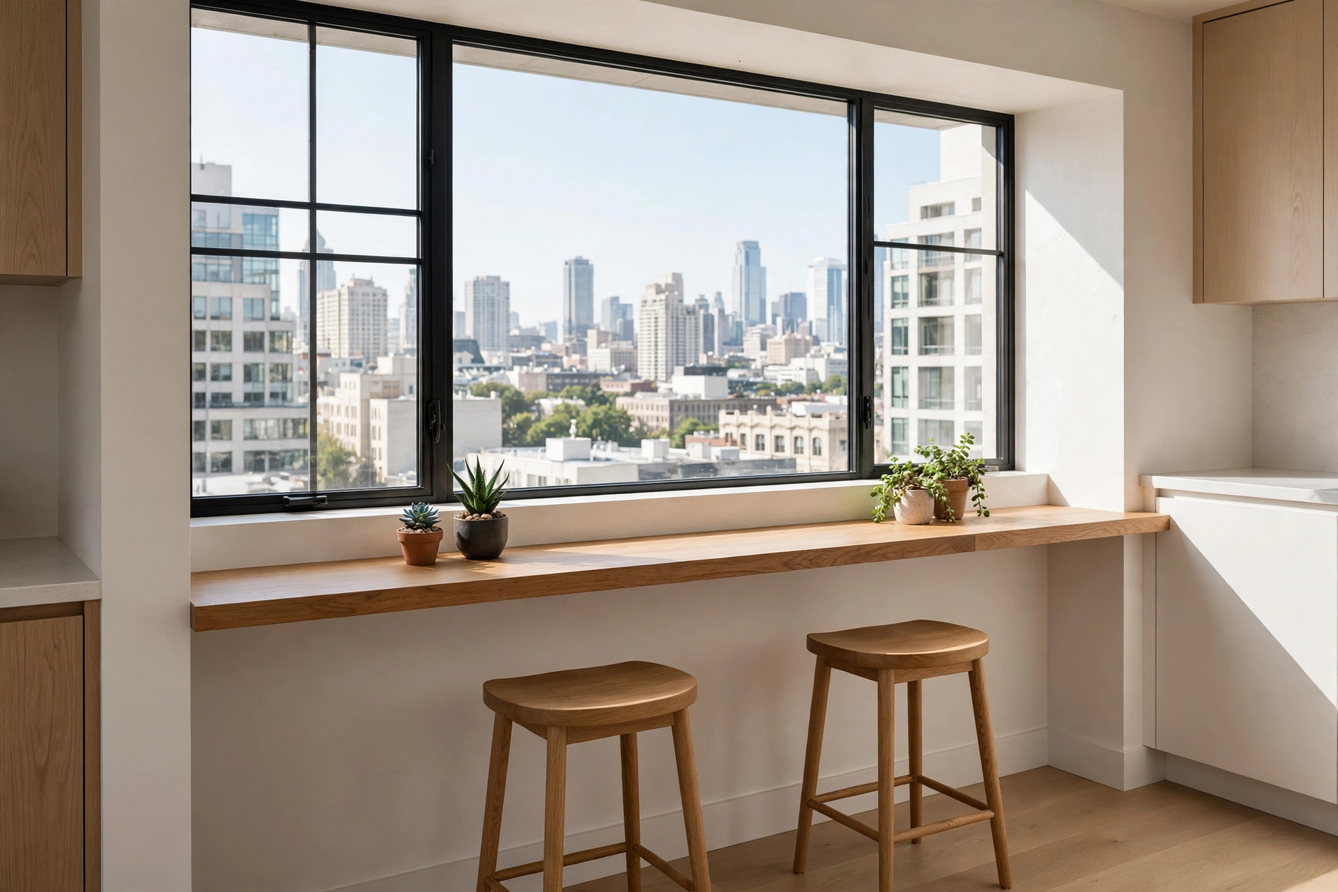 Breakfast nook ideas with a counter-height breakfast bar under a kitchen window and backless stools.