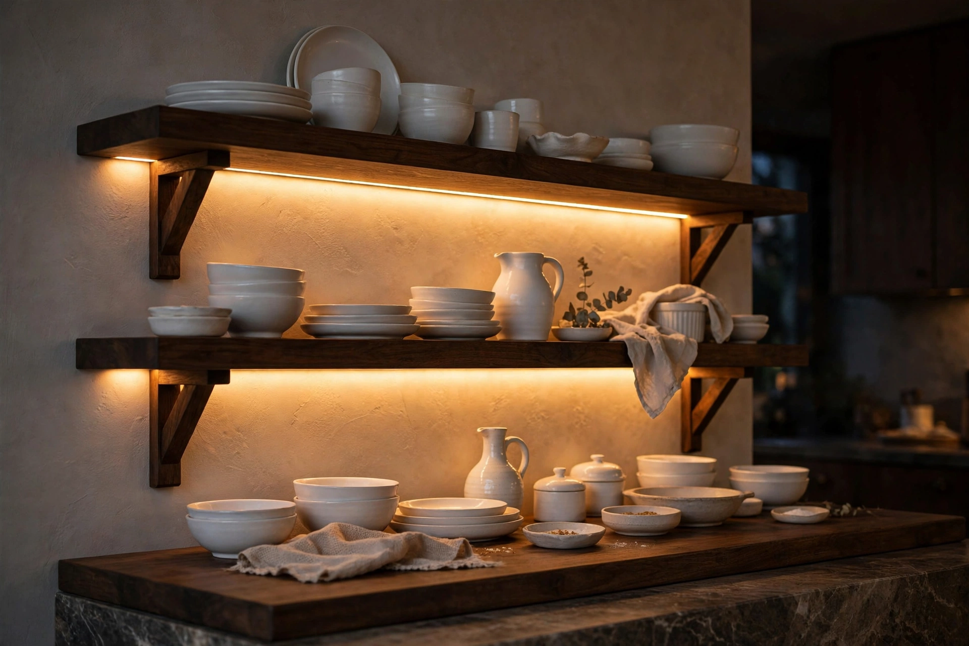 Open kitchen shelving ideas with warm under-shelf LED lighting over white ceramics.