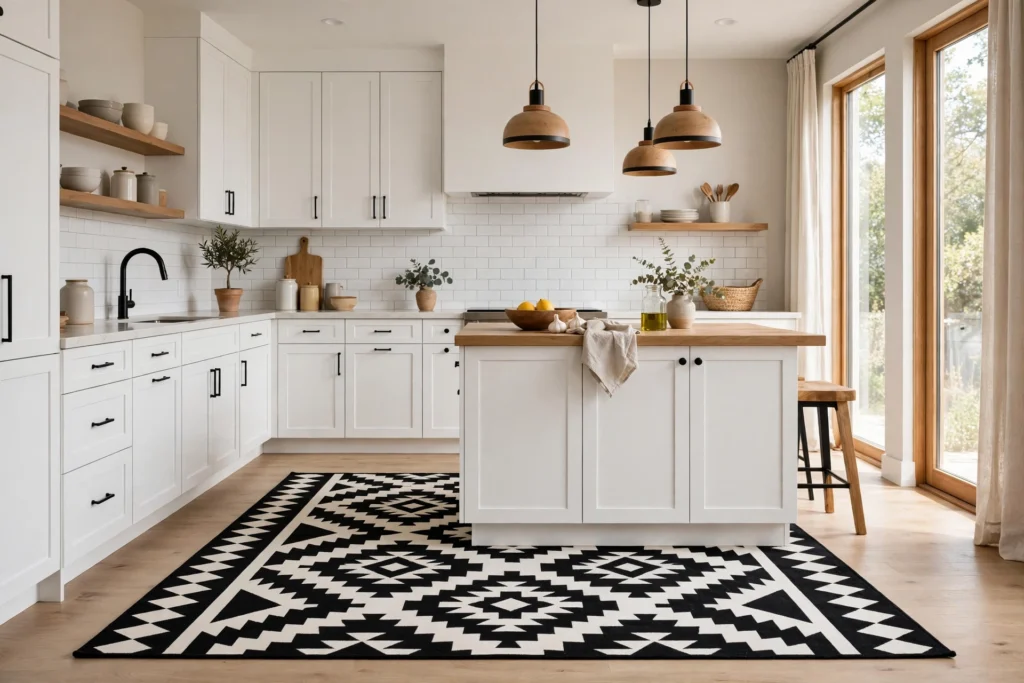 Kitchen rug ideas with a bold black-and-white geometric flatweave rug.