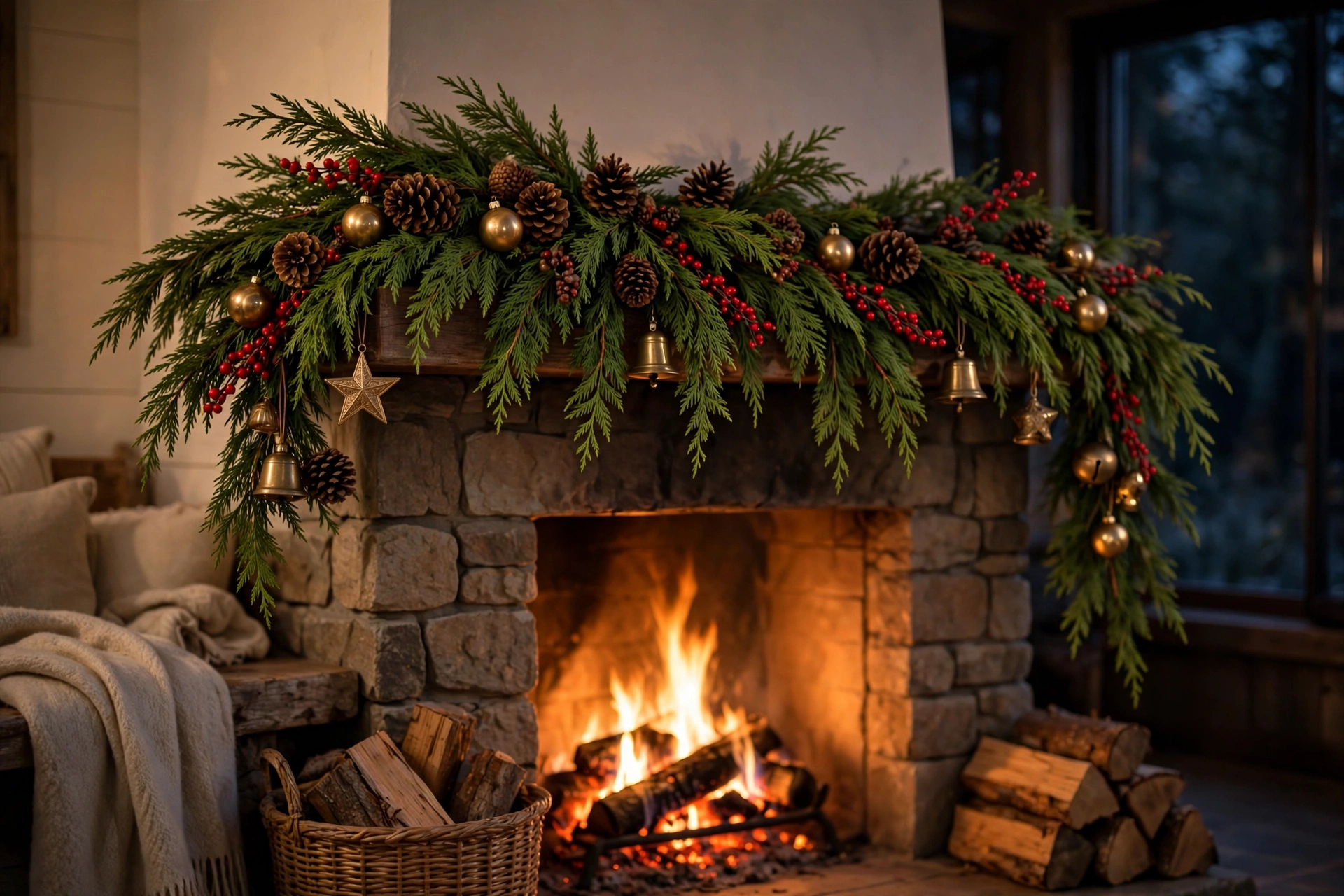 Fireplace mantel decor ideas with a lush evergreen garland and pinecones in winter.