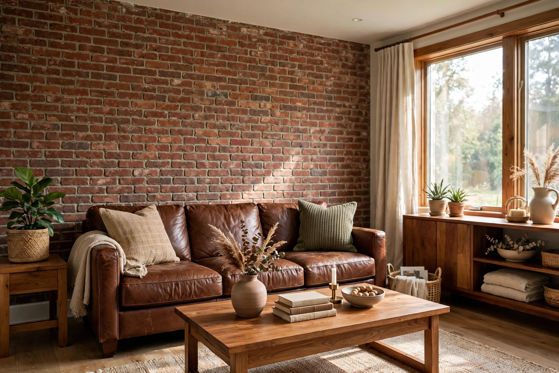 Living room accent wall ideas featuring an exposed red brick wall with a leather sofa and warm wood furniture.