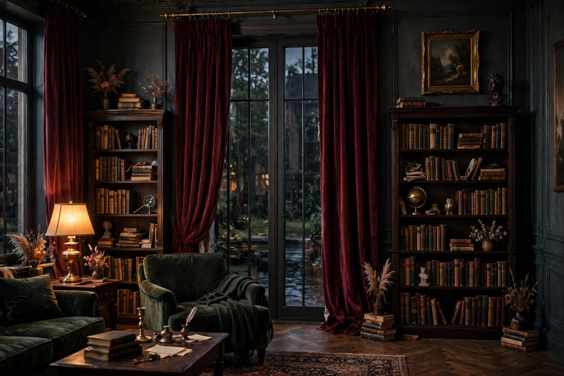 Dark academia living room with floor-length burgundy velvet curtains framing tall windows beside bookshelves.
