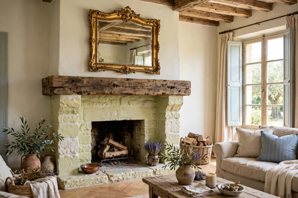 French country living room with a limewashed stone fireplace, reclaimed wood mantel, and gilded mirror above.