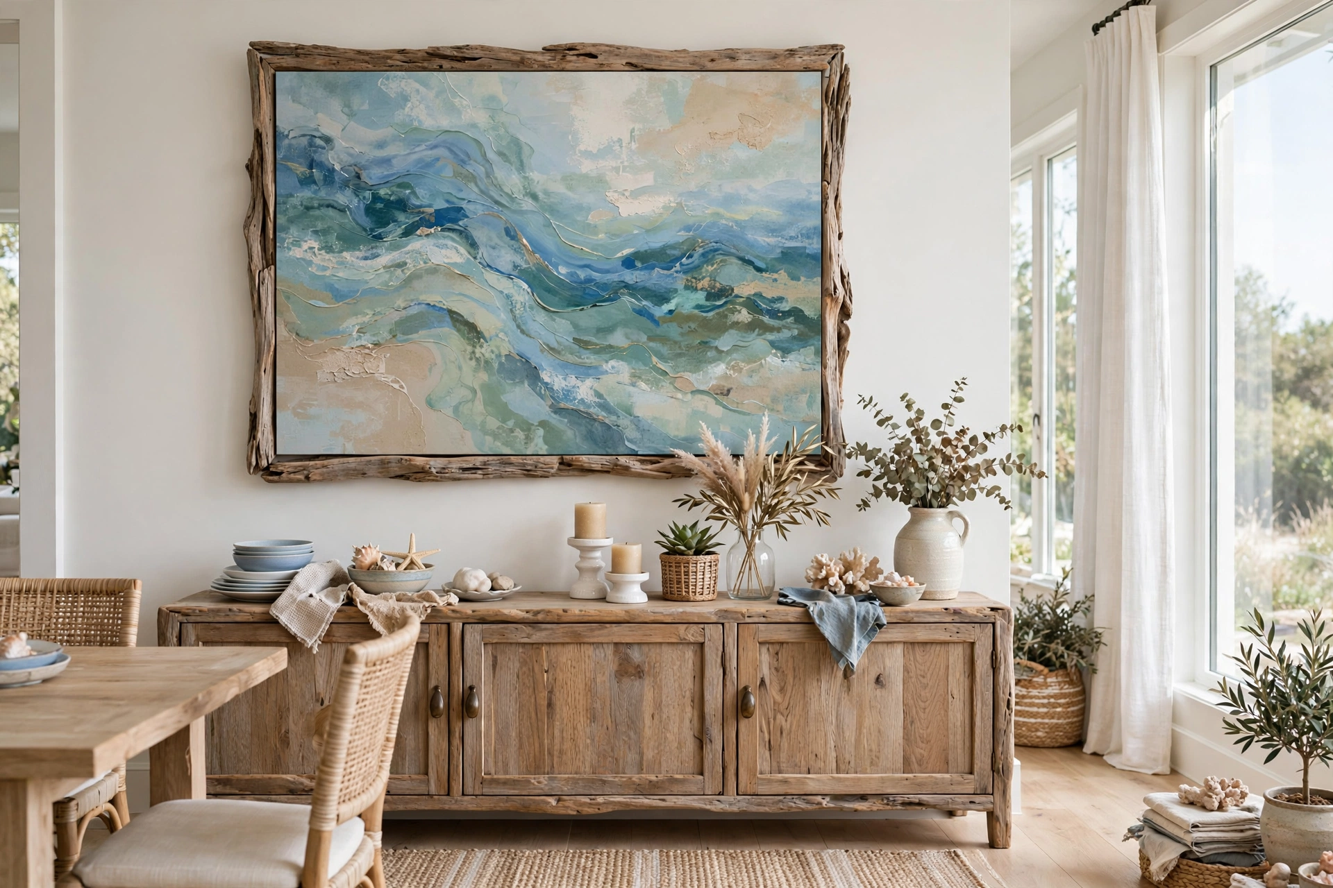 Coastal dining room ideas with a large abstract seascape painting in a driftwood frame above the sideboard.