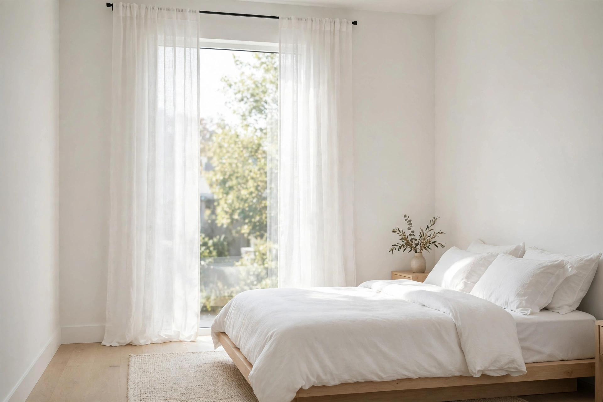 Sheer white linen curtains on a black rod flooding a minimalist bedroom with daylight