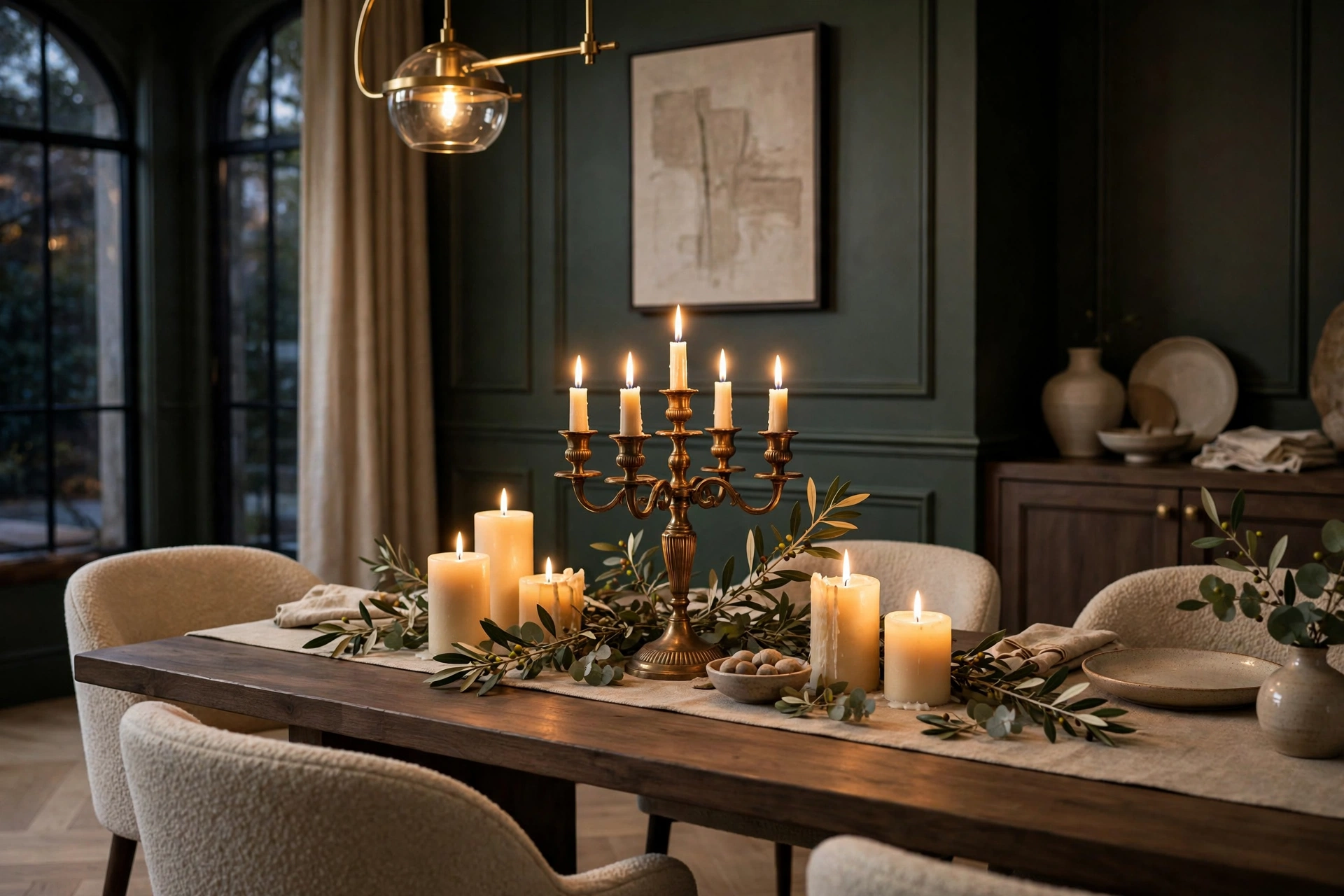 Dining room lighting ideas with a low centerpiece of pillar candles and a candelabra glowing on the dining table.