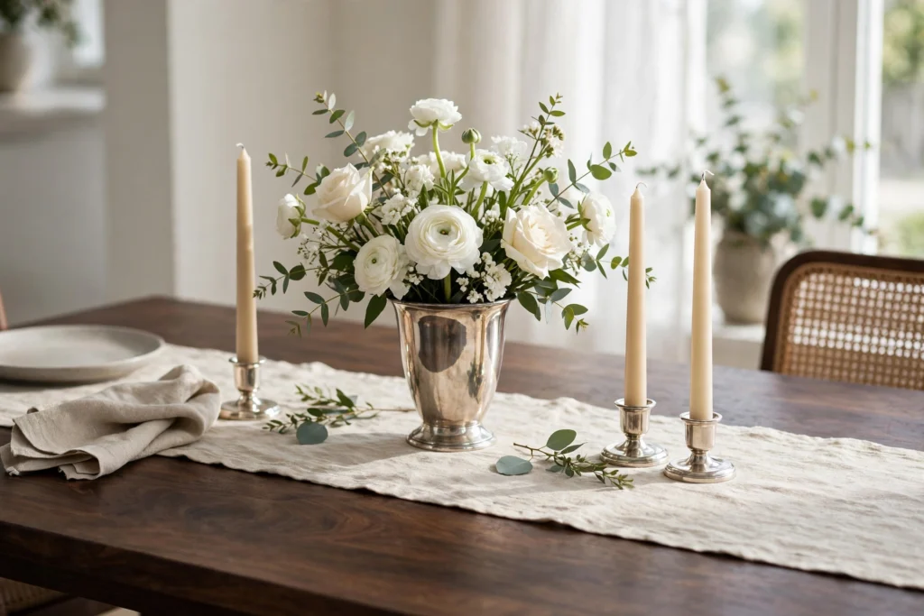 Dining table centerpiece with white flowers in a silver vase, taper candles, and a linen runner on dark wood.