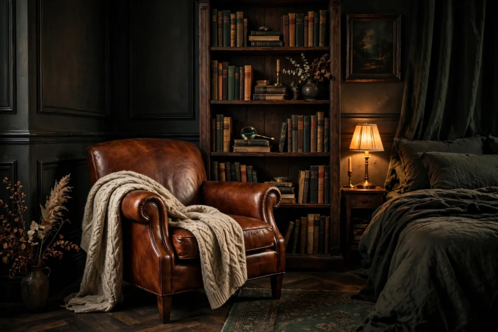 Cognac leather armchair with a wool throw beside a dark wood bookshelf in a moody dark academia bedroom corner.