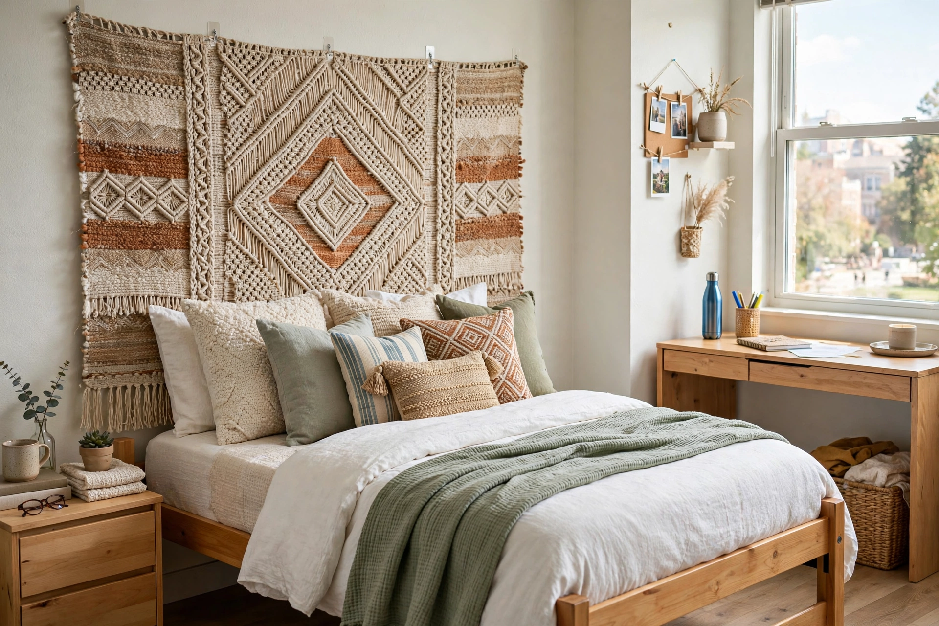 Dorm bed styled with a large woven tapestry hung behind layered pillows as a renter-friendly headboard.