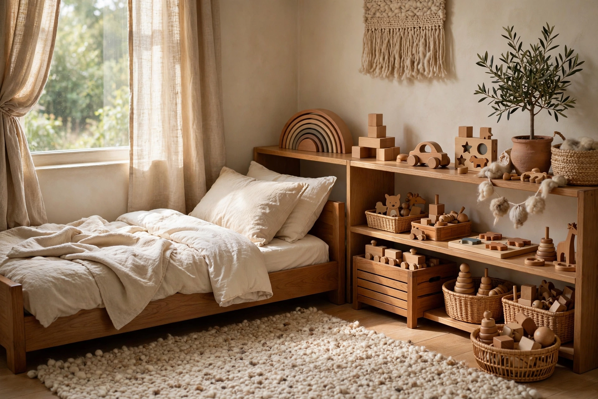 Montessori bedroom corner with solid wood furniture, cotton bedding, wool rug, and wooden toys in soft light.
