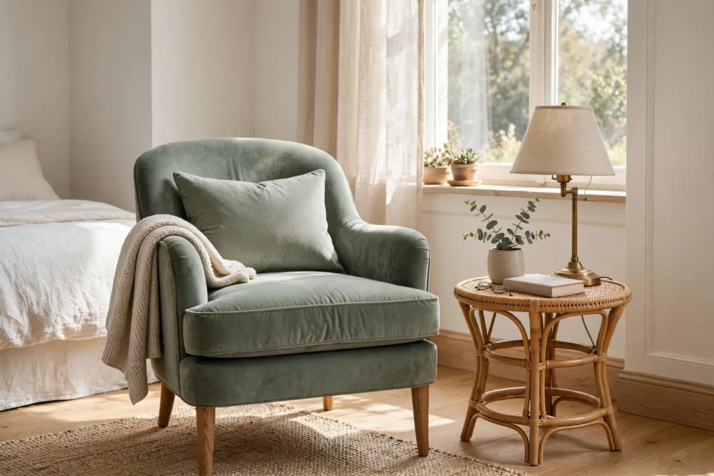 Sage velvet accent chair with a small side table and reading lamp in a bright bedroom corner.