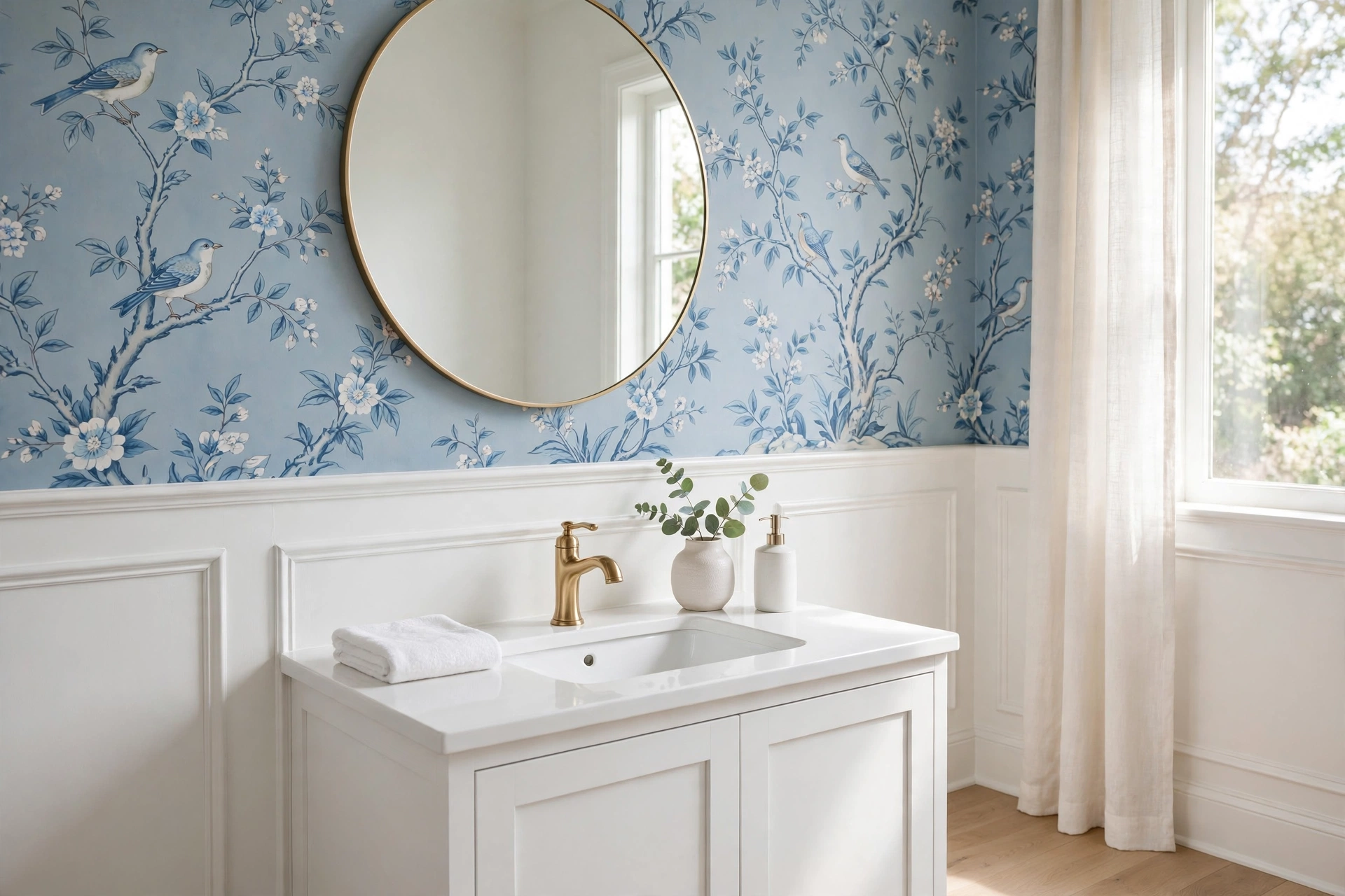 Chinoiserie bathroom wallpaper panels with delicate birds and blossoms above white wainscoting.