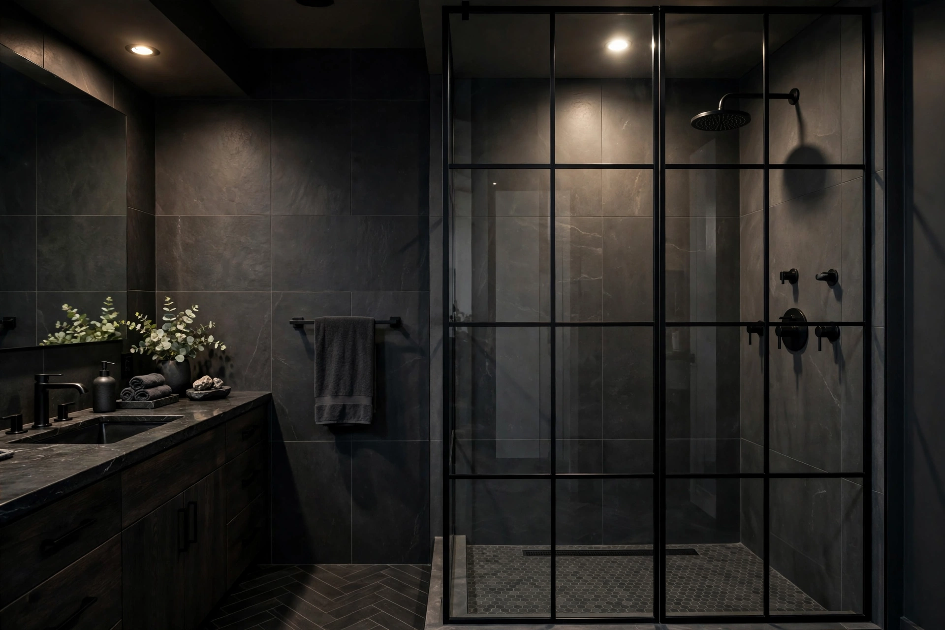 Smoked glass shower enclosure with black framing and dark tile in a dramatic moody bathroom.