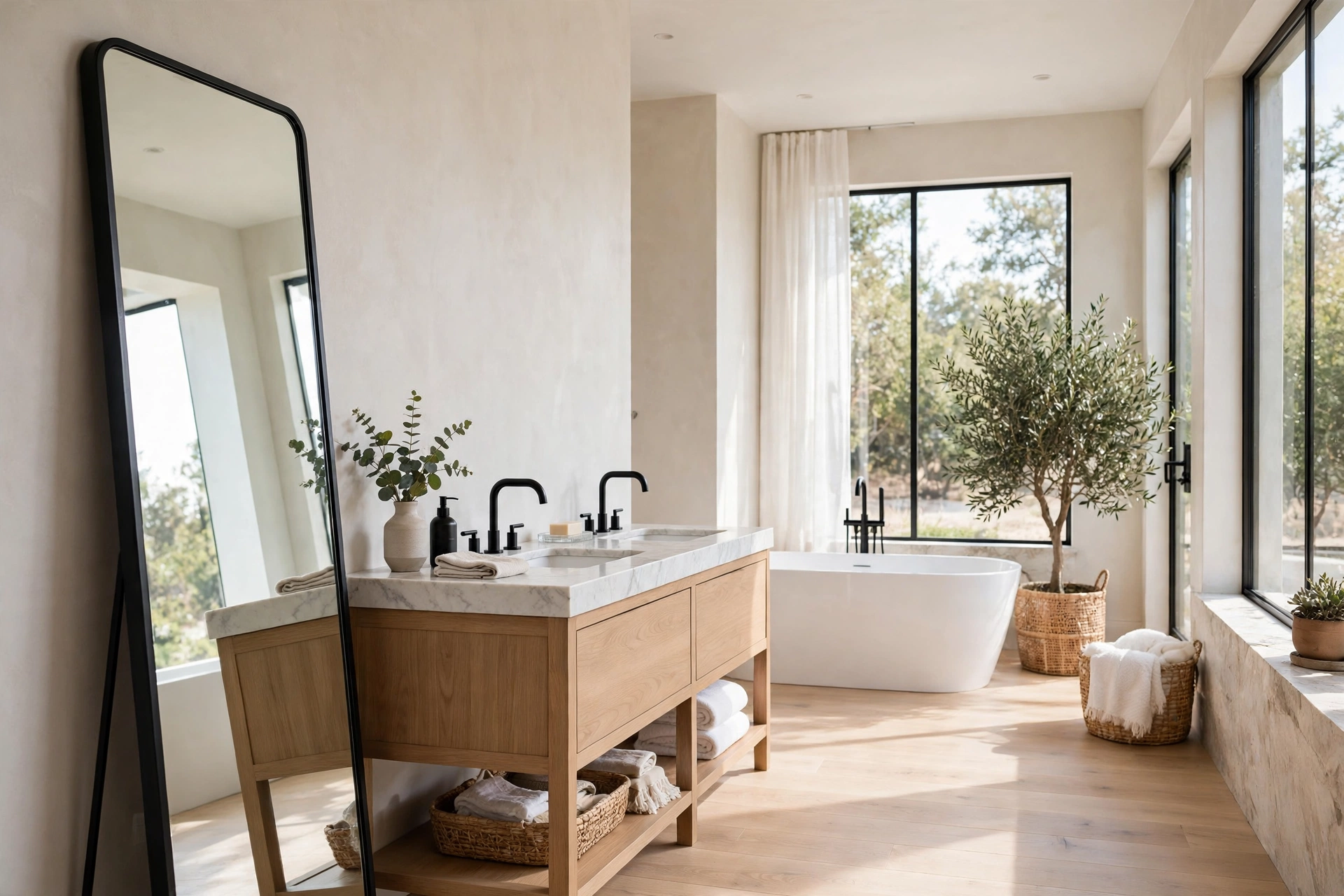 Full-length bathroom mirror leaning against the wall with a black frame matching the faucets.