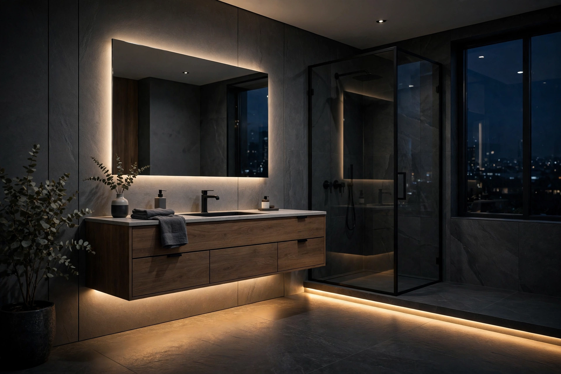 Floating bathroom vanity with warm LED strip glow washing softly across the floor at night.