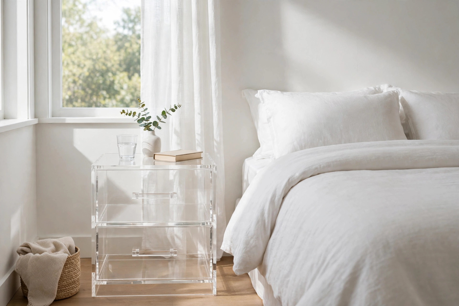Transparent acrylic nightstand keeping a small bedroom visually open