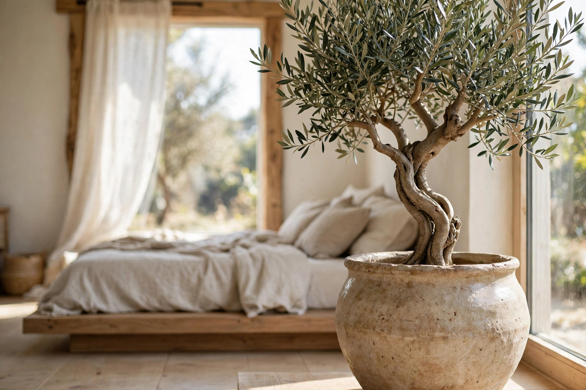 Single sculptural olive tree in ceramic pot in Japandi bedroom