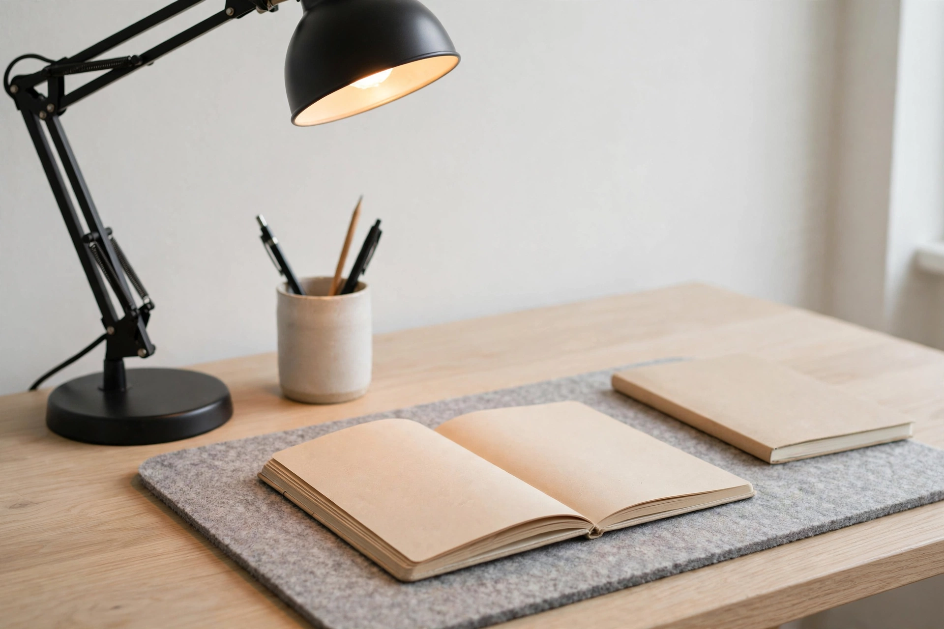 Matte black adjustable desk lamp glowing over a pale oak desktop with ceramic pen cup
