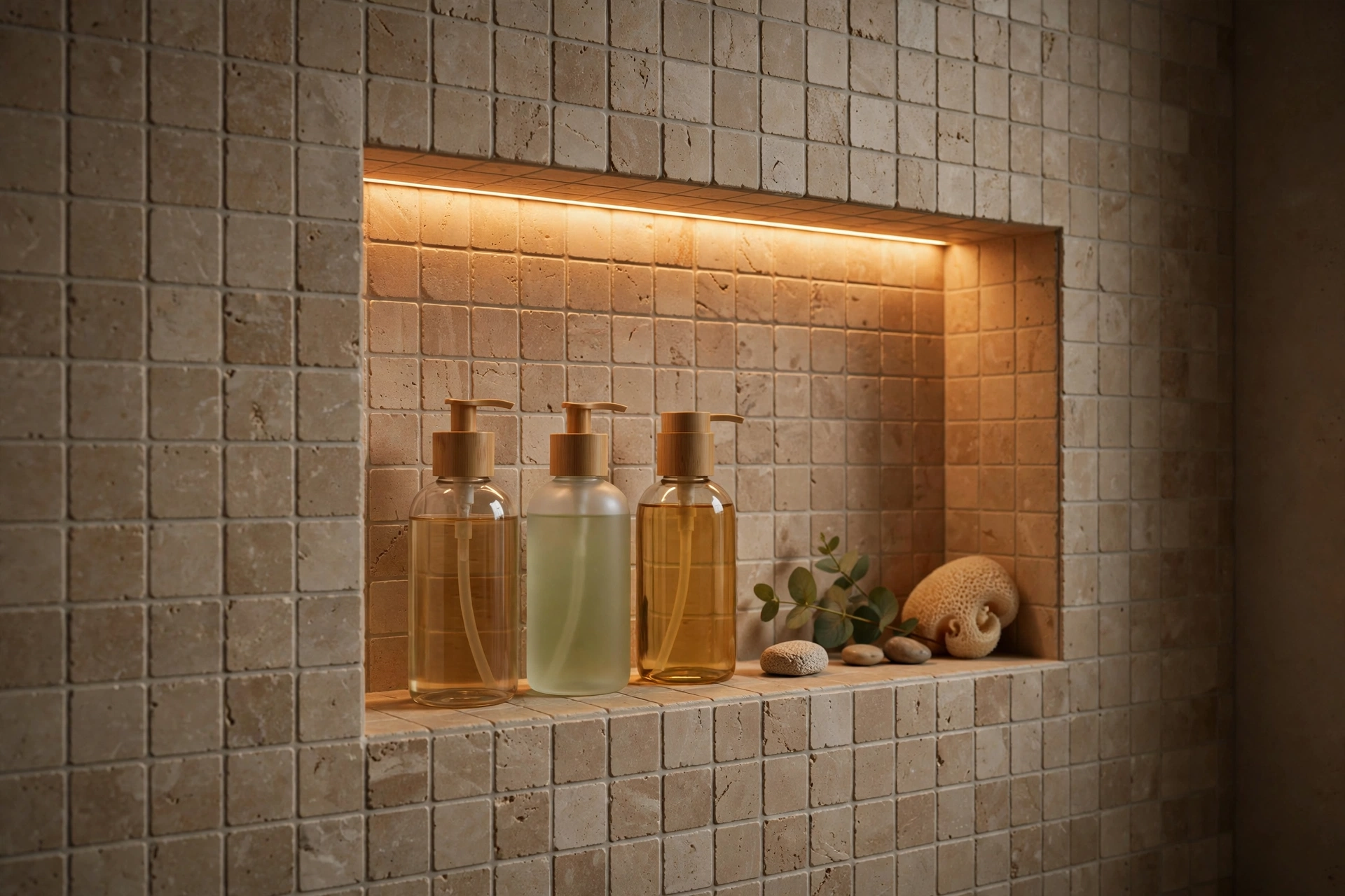 Shower niche with waterproof LED accent lighting glowing over neatly arranged bottles.