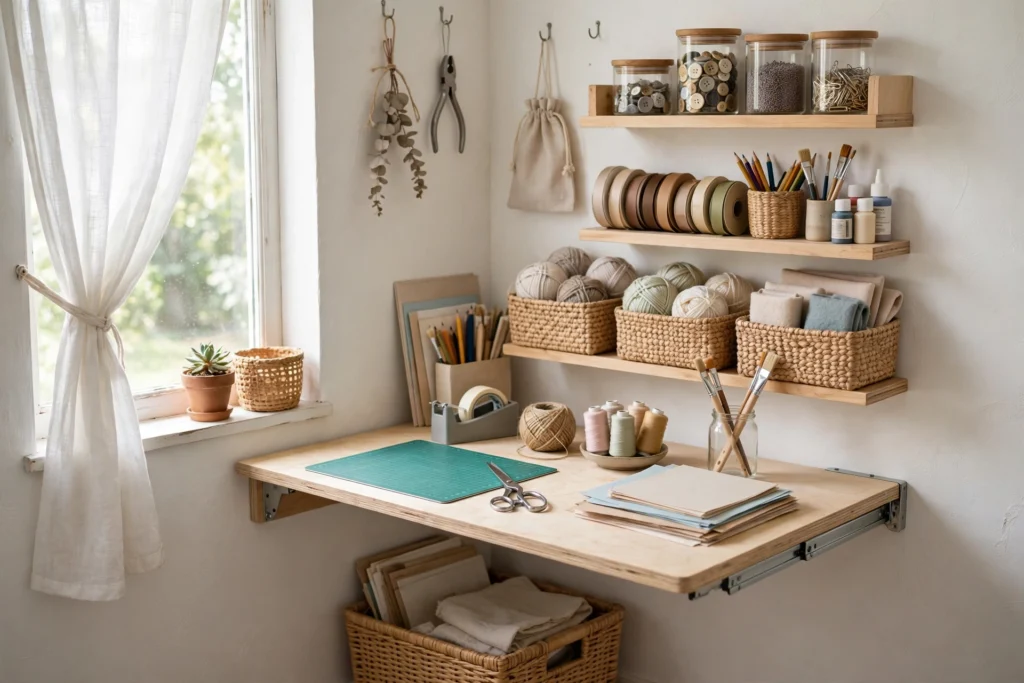 Wall-mounted fold-down craft table lowered for use in a small bright craft corner.