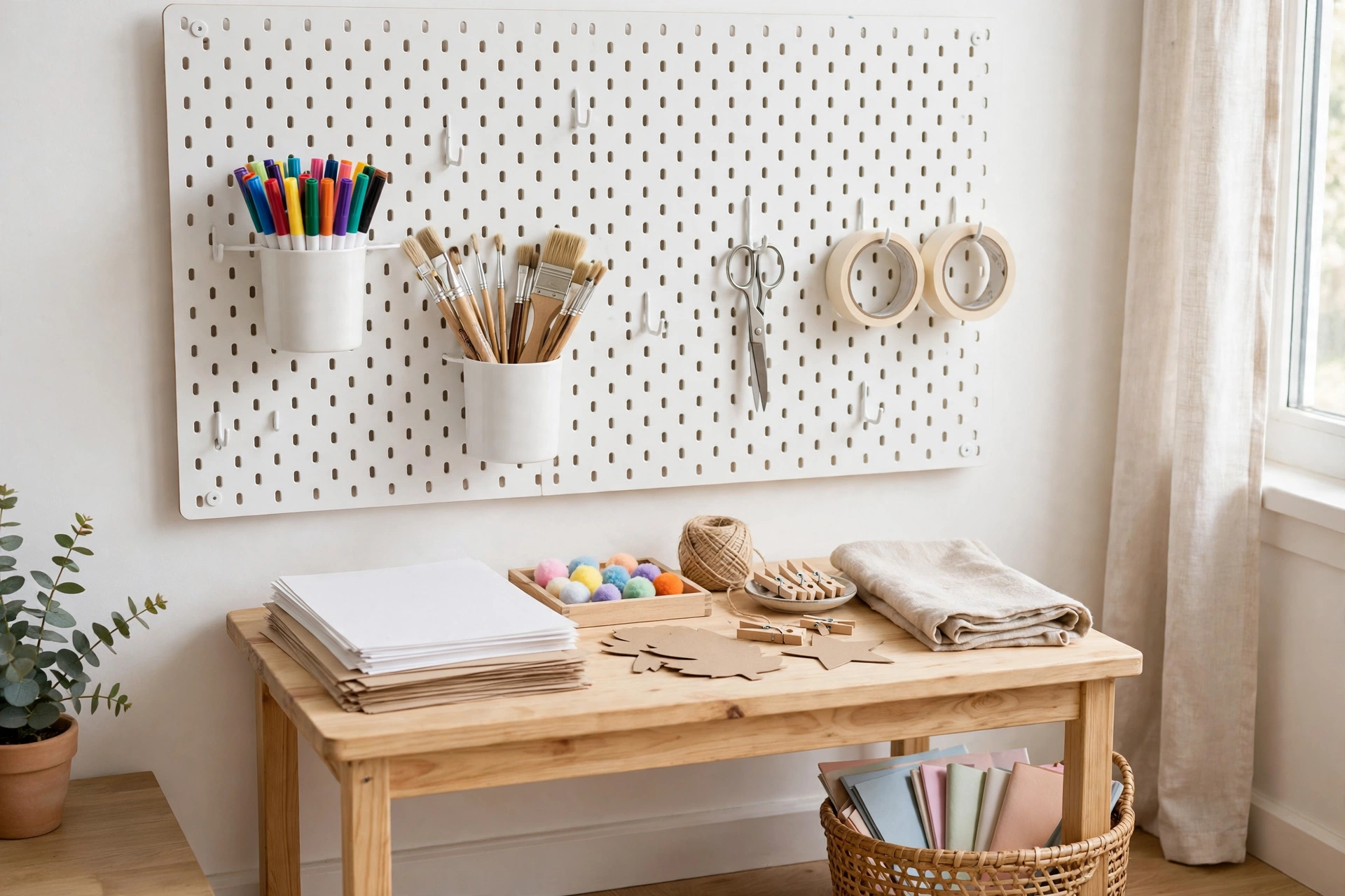 A homeschool room art station with a pegboard wall of organized craft supplies above a small table.