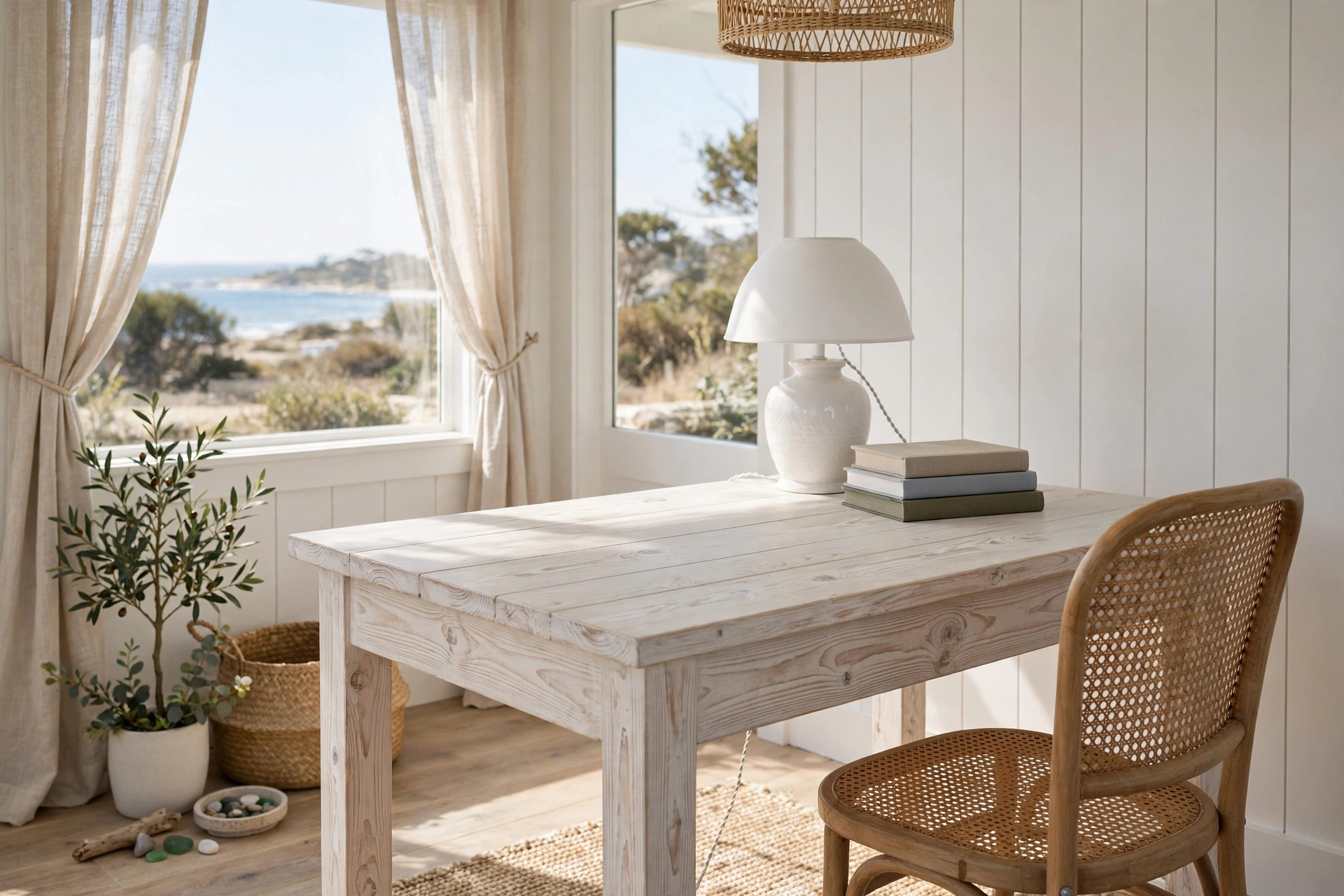A coastal home office with a whitewashed wood desk styled with a ceramic lamp and books.