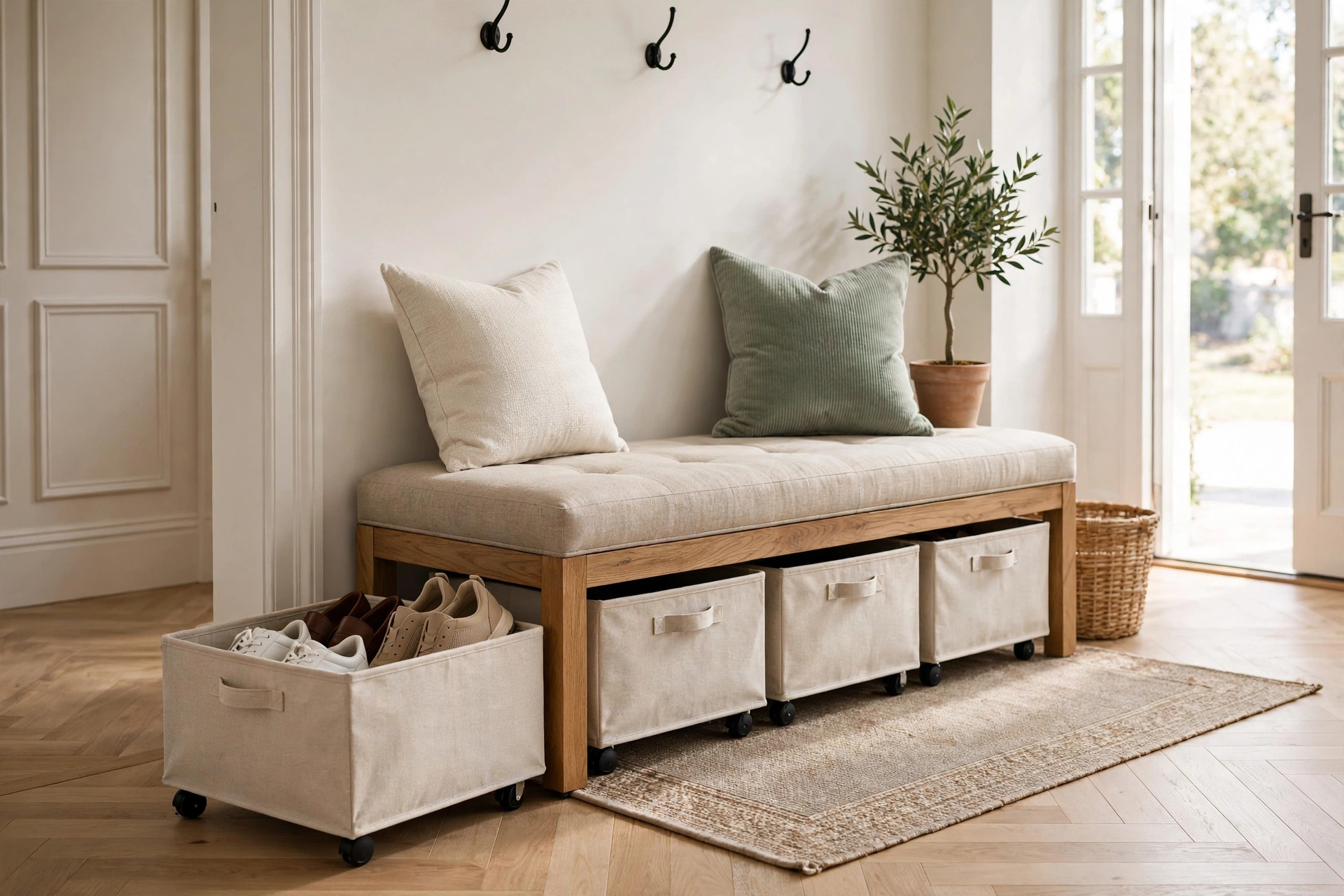 An entryway shoe storage bench with low rolling bins sliding underneath for hidden shoe storage.