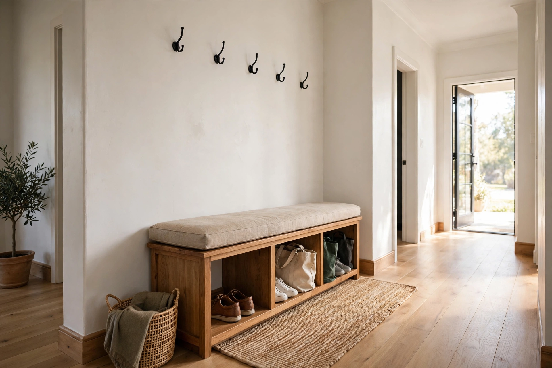 A hallway storage bench with open cubbies below holding shoes and bags.