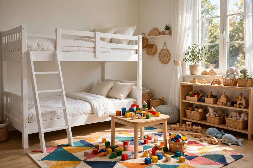 A bunk bed room with the floor space under the bunk dedicated to a play table and toy shelves.